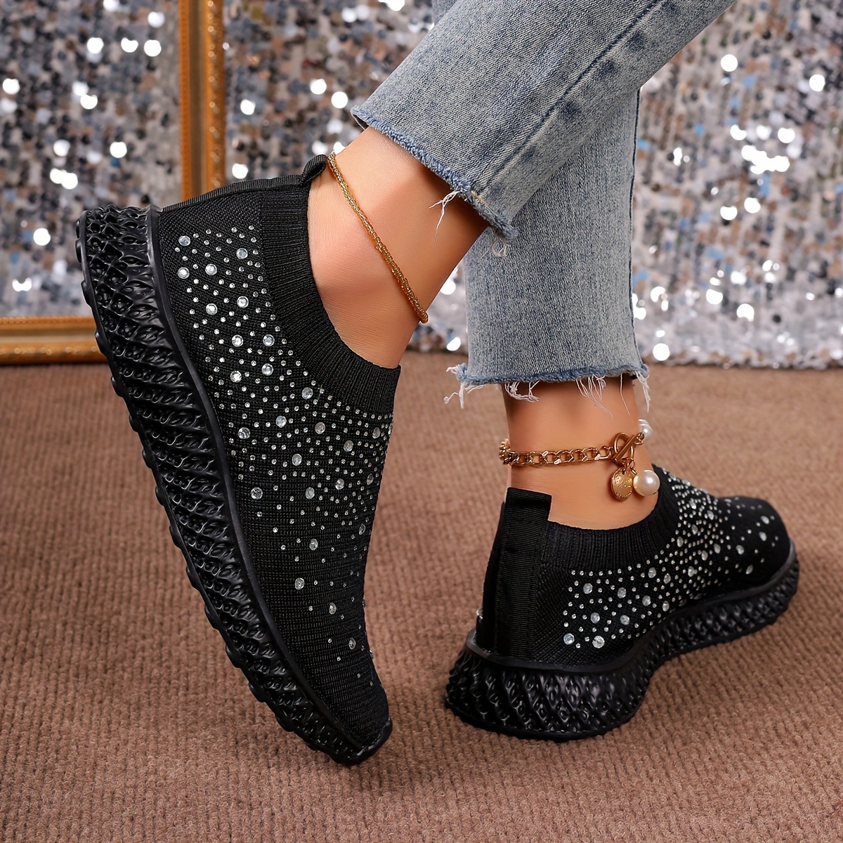 women s rhinestone decor sock sneakers trendy slip knitted details 0