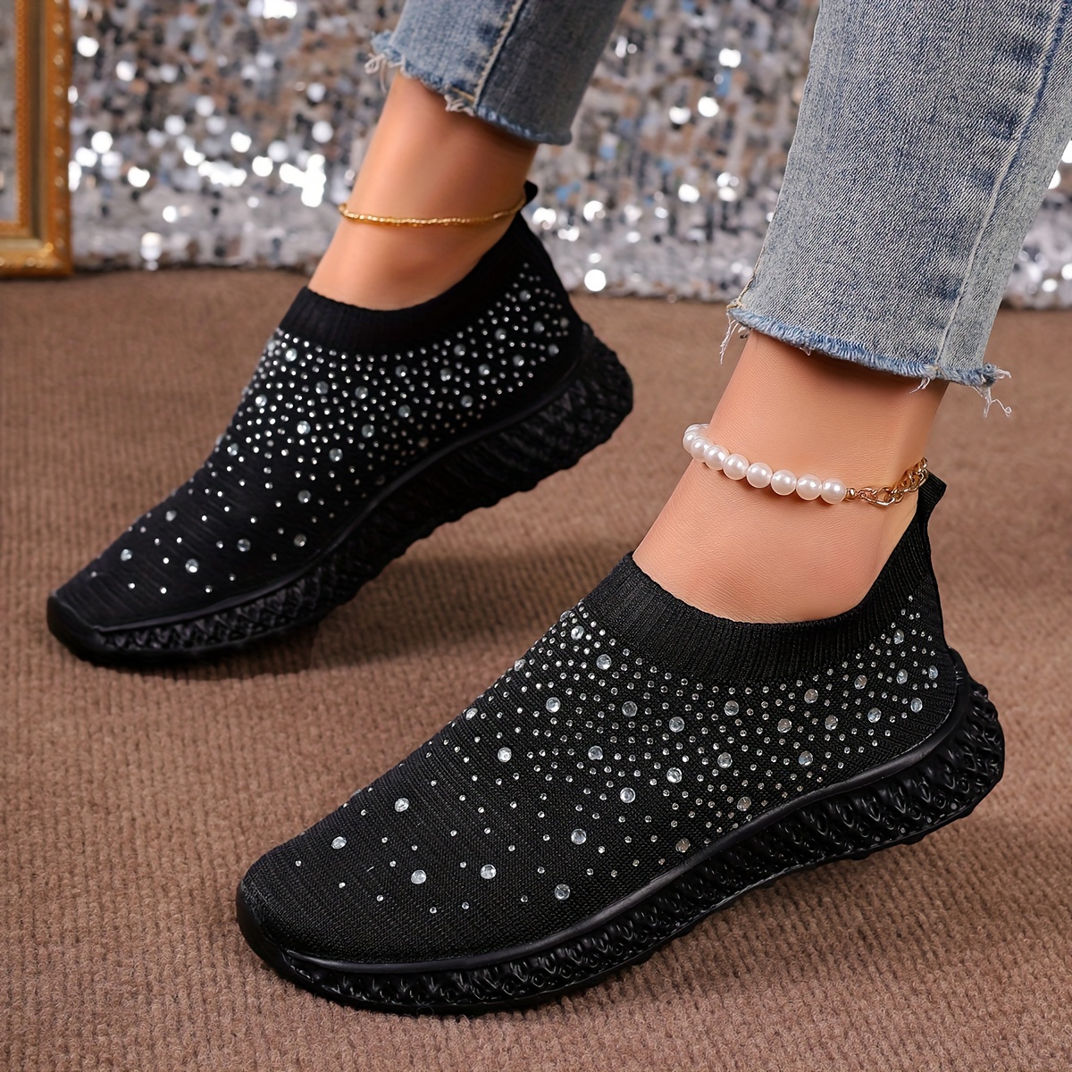 women s rhinestone decor sock sneakers trendy slip knitted details 1