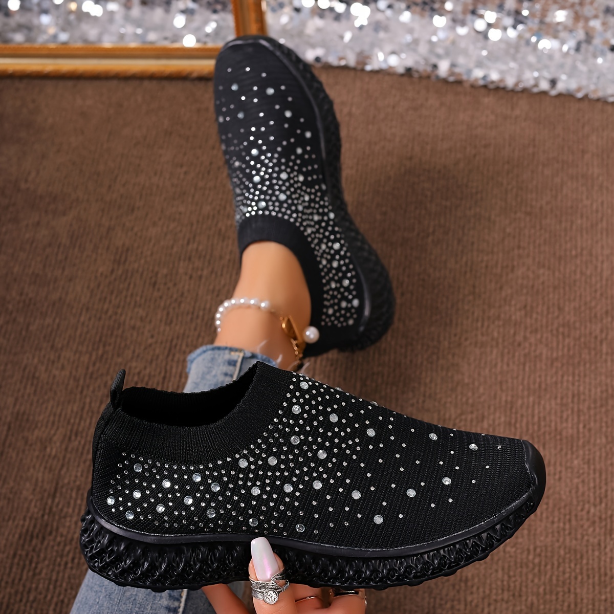 women s rhinestone decor sock sneakers trendy slip knitted details 2