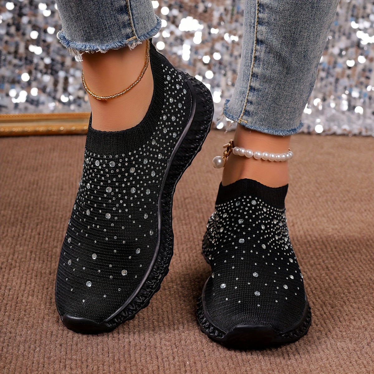 women s rhinestone decor sock sneakers trendy slip knitted details 3