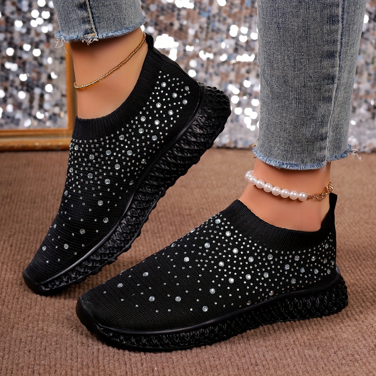 women s rhinestone decor sock sneakers trendy slip knitted details 4