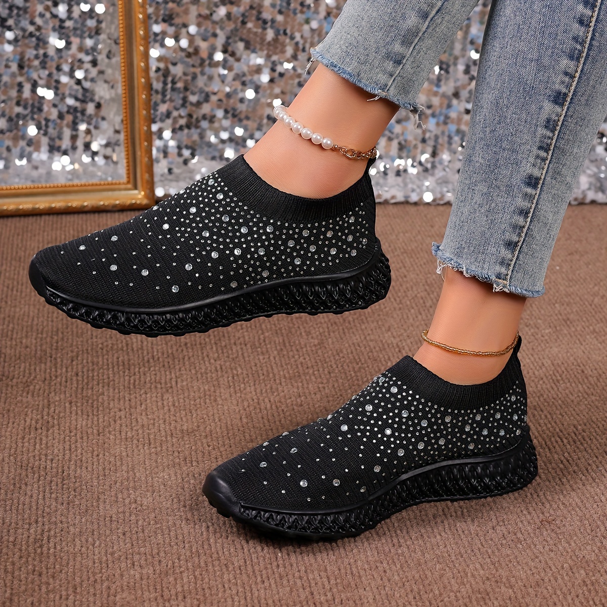 women s rhinestone decor sock sneakers trendy slip knitted details 5