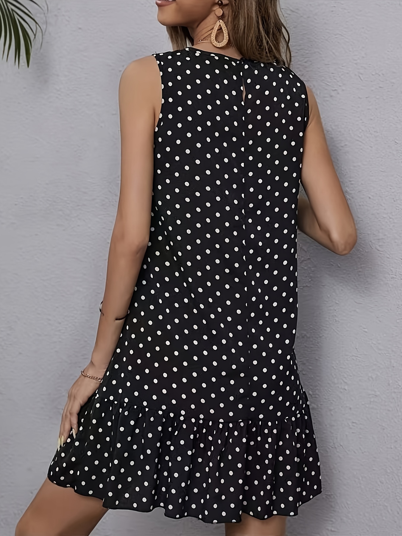 polka dot print crew neck tank dress casual sleeveless ruffle hem loose tank dress for spring summer womens clothing details 3