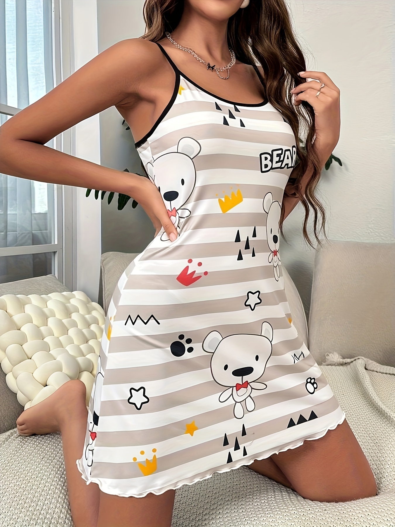 bear print spaghetti strap dress casual sleeveless scoop neck lettuce trim dress for spring summer womens clothing details 13